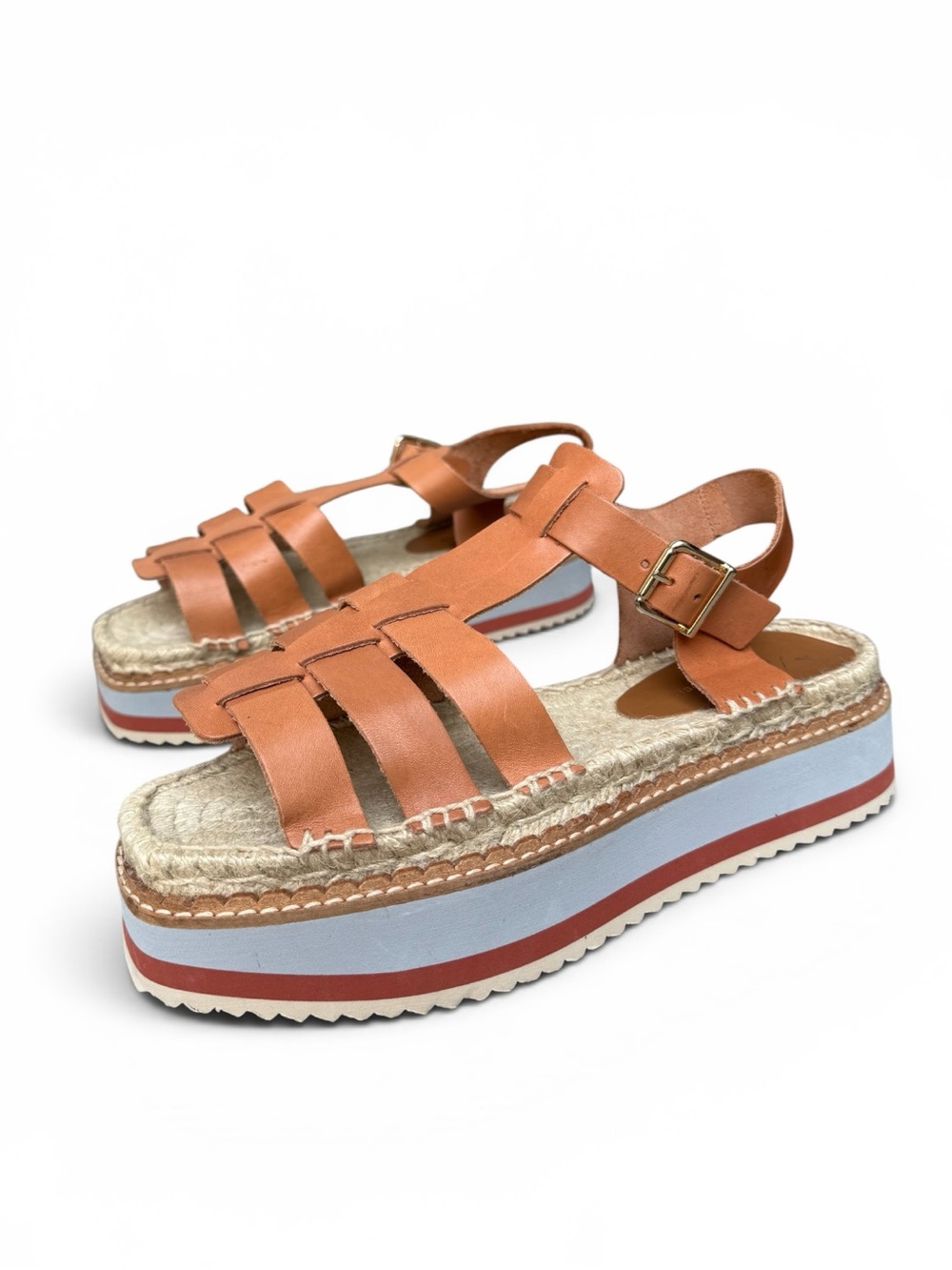Anthropologie Sporty Platform Sandals in Honey Tan Brown Leather / Raffia size 9 - Picture 4 of 11